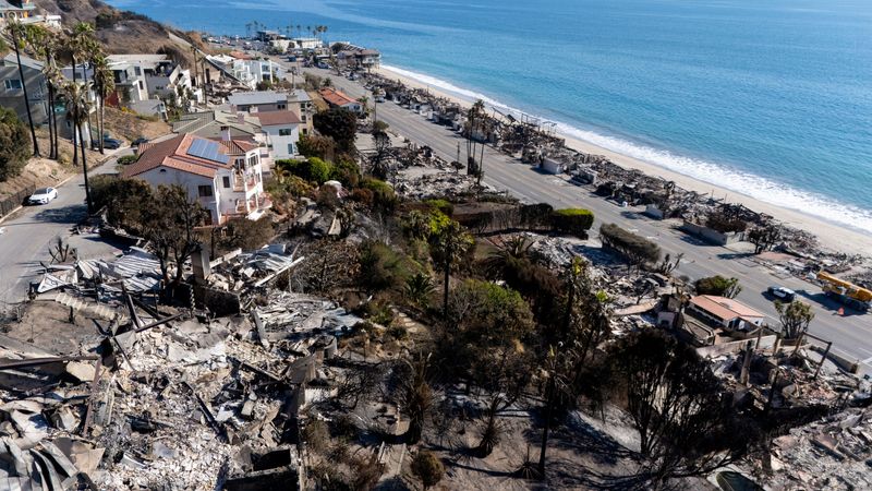 © Reuters. A drone view shows a site with beachfront houses that burnt down in the Palisades Fire and some that survived, in Malibu, California, U.S., January 16, 2025. REUTERS/Mike Blake