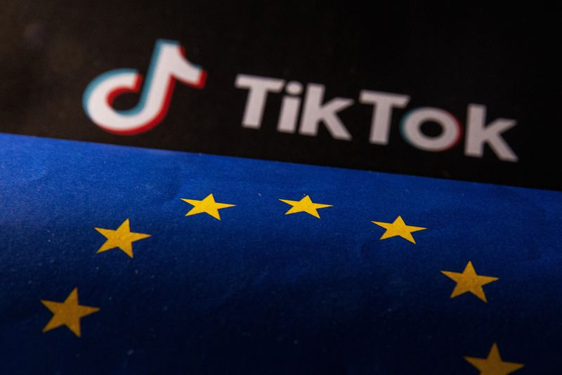 &copy; Reuters. La bandiera dell'UE e il logo di TikTok. REUTERS/Dado Ruvic