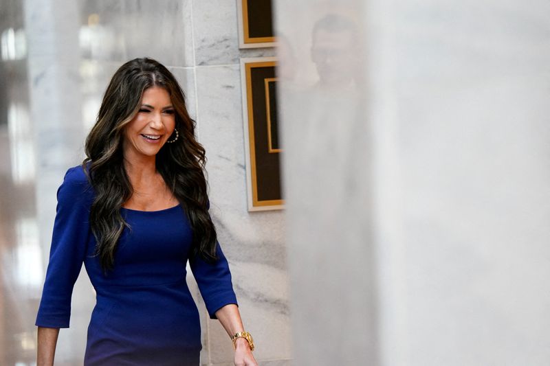 &copy; Reuters. FILE PHOTO: Homeland security secretary nominee Kristi Noem arrives to meet U.S. Senator Rick Scott (R-FL) on Capitol Hill in Washington, U.S., December 11, 2024. REUTERS/Elizabeth Frantz/File Photo