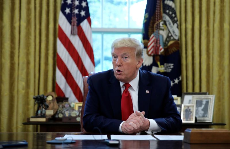 &copy; Reuters. FILE PHOTO: U.S. President Donald Trump answers questions during an interview with Reuters about China, the novel coronavirus (COVID-19) pandemic and other subjects in the Oval Office of the White House in Washington, U.S., April 29, 2020. REUTERS/Carlos 