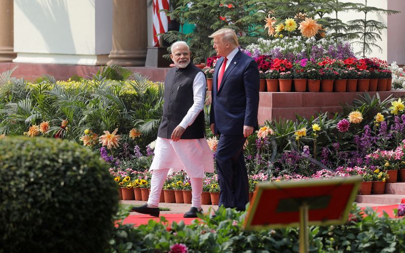 © Reuters. FILE PHOTO: U.S. President Donald Trump and India's Prime Minister Narendra Modi arrive for their joint news conference at Hyderabad House in New Delhi, India, February 25, 2020. REUTERS/Adnan Abidi/File Photo