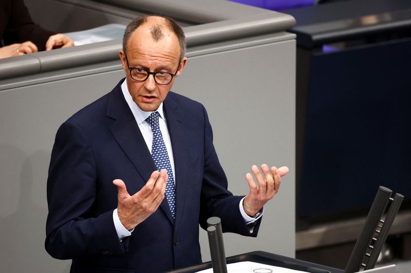 &copy; Reuters. Germany's chancellor-in-waiting and leader of the Christian Democratic Union party (CDU) Friedrich Merz speaks during an extraordinary meeting of the German Bundestag to discuss a €500-billion infrastructure fund and a revamp of borrowing rules aimed at