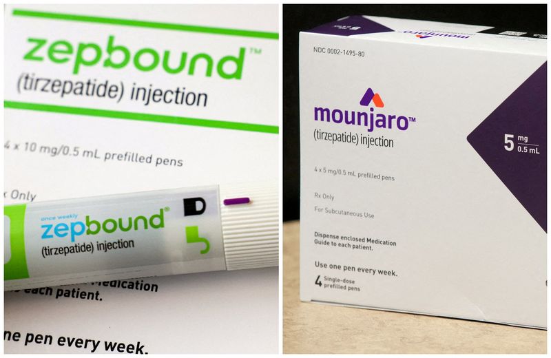 &copy; Reuters. FILE PHOTO: A combination image shows an injection pen of Zepbound, Eli Lilly's weight loss drug, in New York City, U.S., December 11, 2023 (left) and a box of Mounjaro, a tirzepatide injection drug used for treating type 2 diabetes and made by Lilly, at