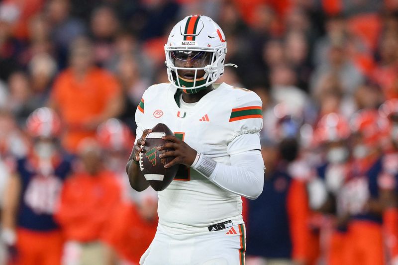 &copy; Reuters. FILE PHOTO: Nov 30, 2024; Syracuse, New York, USA; Miami Hurricanes quarterback Cam Ward (1) drops back to pass against the Syracuse Orange during the first half at the JMA Wireless Dome. Mandatory Credit: Rich Barnes-Imagn Images/File Photo