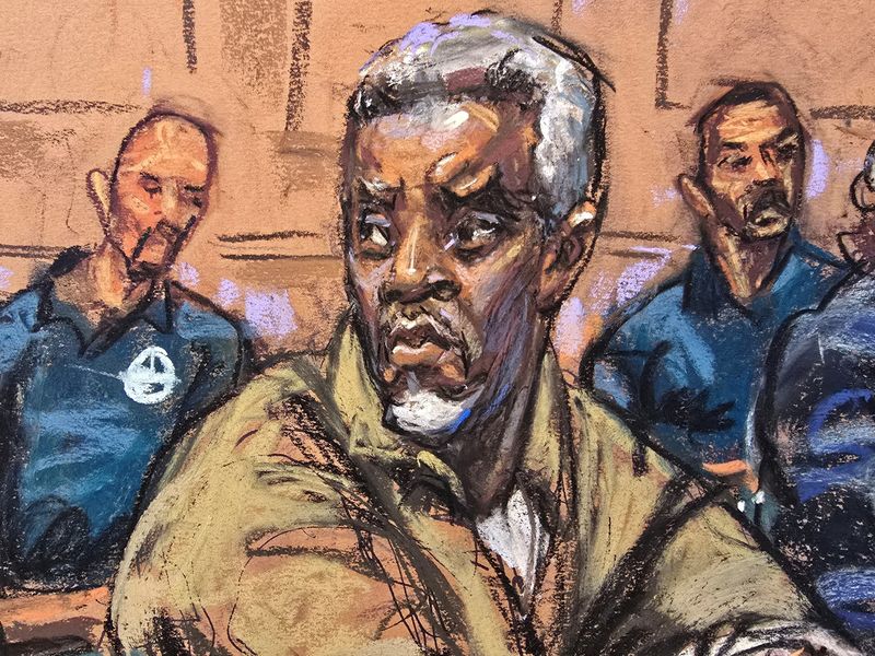 &copy; Reuters. FILE PHOTO: Sean "Diddy" Combs sits with members of his defense team for a conference ahead of his trial on sex-trafficking charges, in New York, U.S., April 18, 2025, in this courtroom sketch. REUTERS/Jane Rosenberg/File Photo