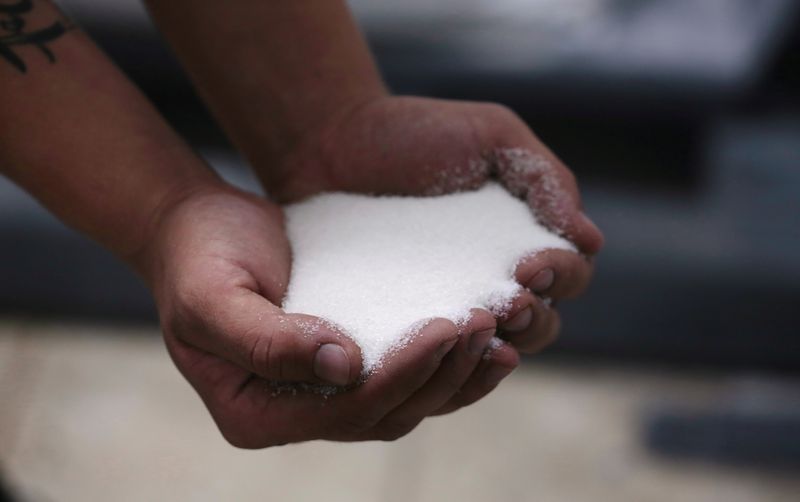 &copy; Reuters. Trabalhador mostra açúcar após o processamento da cana-de-açúcar na usina Coopevictoria, na Grécia, Costa Rican25/01/2019nREUTERS/Juan Carlos Ulate
