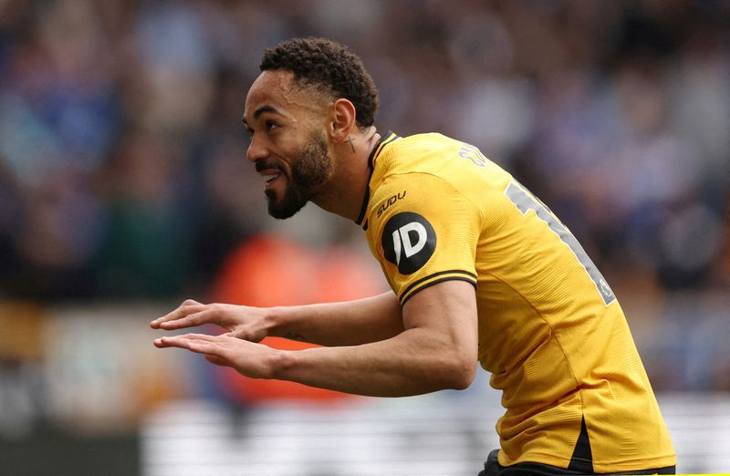 &copy; Reuters. Matheus Cunha em jogo do Wolverhampton Wanderers contra Leicester Cityn 26/4/2025     REUTERS/Chris Radburn