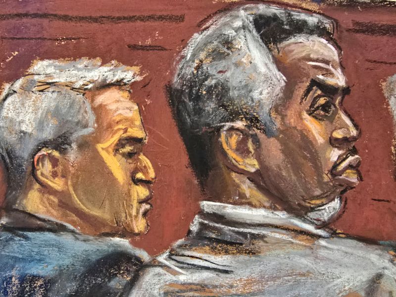 &copy; Reuters. Sean "Diddy" Combs sits beside lawyer Brian Steel as he listens as Assistant U.S. Attorney Christy Slavik questions Brendan Paul during Combs' sex trafficking trial in New York City, New York, U.S., June 20, 2025 in this courtroom sketch. REUTERS/Jane Ros