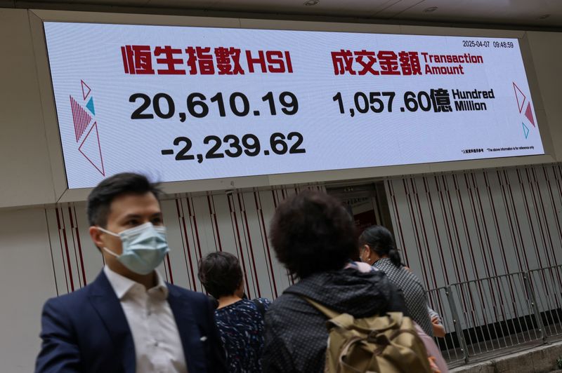 &copy; Reuters. Telão com cotações acionárias em Hong Kongn07/04/2025. REUTERS/Tyrone Siu