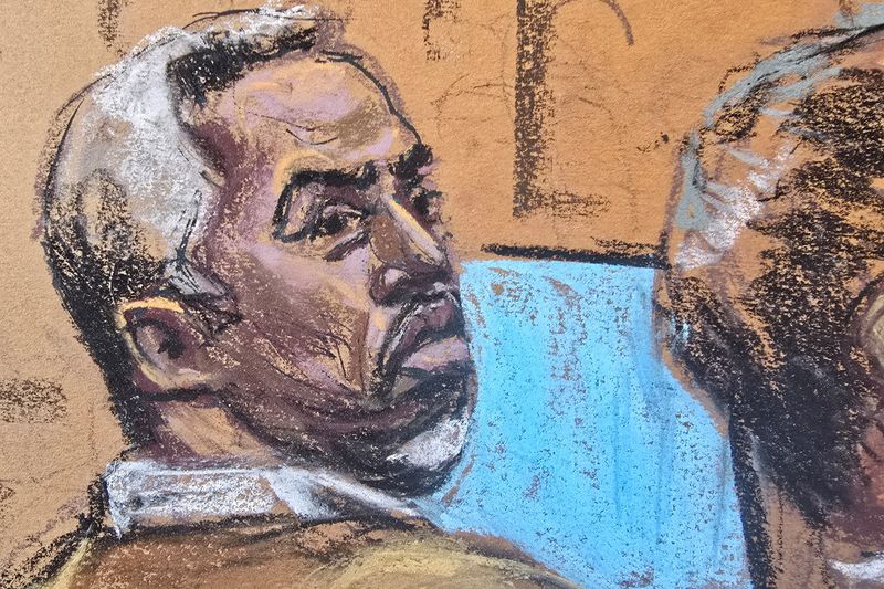 &copy; Reuters. Sean "Diddy" Combs watches as prosecutor Emily Johnson announces the government has rested their case during Combs' sex trafficking trial in New York City, New York, U.S., June 24, 2025 in this courtroom sketch. REUTERS/Jane Rosenberg