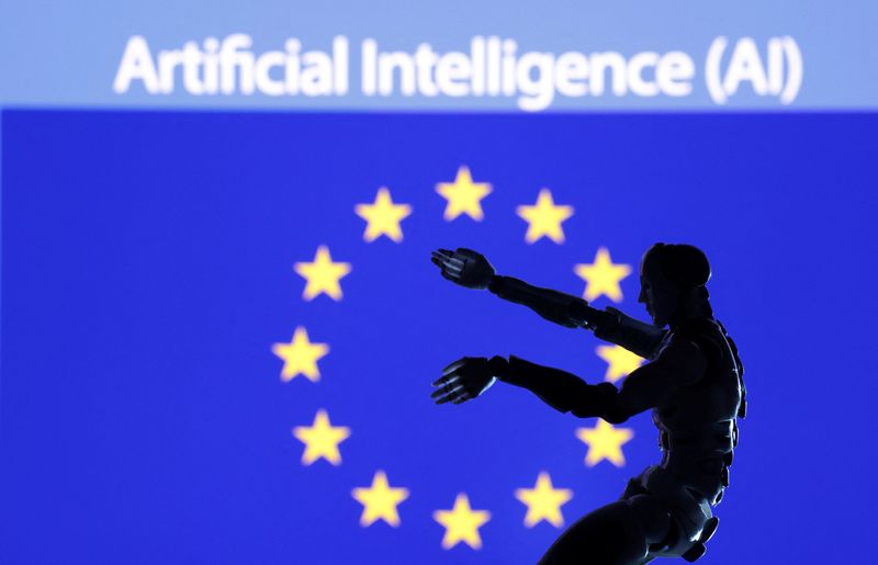 Â© Reuters. AI Artificial intelligence words, miniature of robot and EU flag are seen in this illustration taken December 21, 2023. REUTERS/Dado Ruvic/Illustration
