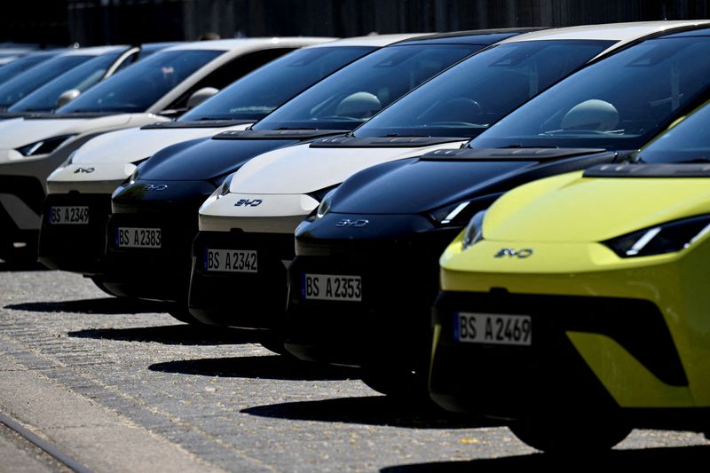 &copy; Reuters. FILE PHOTO: BYD Dolphin Surf electric cars at a vehicle presentation event in Berlin, Germany May 21, 2025. REUTERS/Annegret Hilse/File Photo