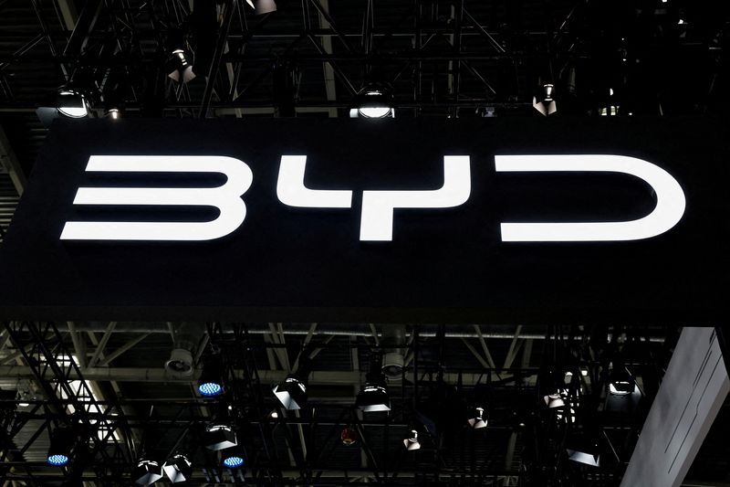 &copy; Reuters. FILE PHOTO: The BYD logo is displayed at the Beijing International Automotive Exhibition, or Auto China 2024, in Beijing, China, April 25, 2024. REUTERS/Tingshu Wang/File Photo