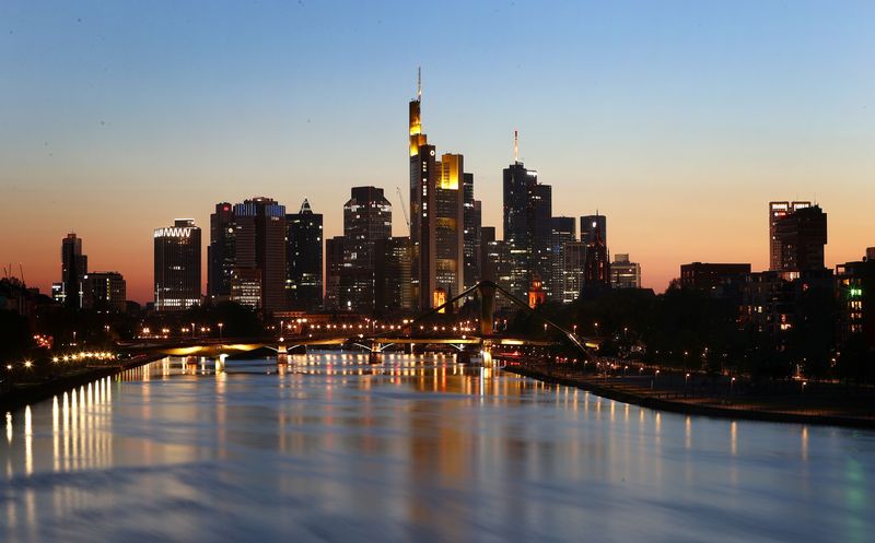 &copy; Reuters. FILE PHOTO: The skyline with its financial district is photographed during sunset in Frankfurt, Germany, April 22, 2020. REUTERS/Kai Pfaffenbach/ File Photo