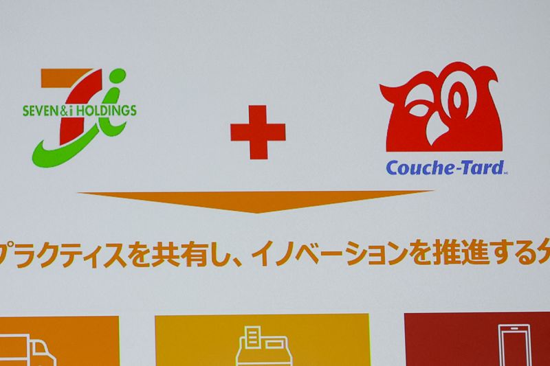 &copy; Reuters. A screen displays logos of Couche-Tard and Seven & i Holdings on the day of a press conference, in Tokyo, Japan, March 13, 2025.  REUTERS/Kim Kyung-Hoon/File Photo