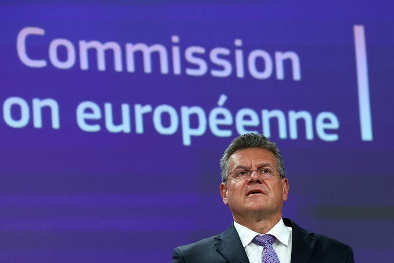 &copy; Reuters. Chefe de comércio da União Europeia, Maros Sefcovic, durante coletiva de imprensa, em Bruxelas, na Bélgican28/07/2025nREUTERS/Yves Herman