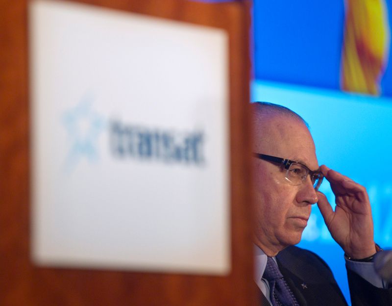 &copy; Reuters. FILE PHOTO: Jean-Marc Eustache, president and chief executive officer of Transat A.T. Inc. gestures during their annual general meeting in Montreal, March 15, 2012. REUTERS/Christinne Muschi/File Photo