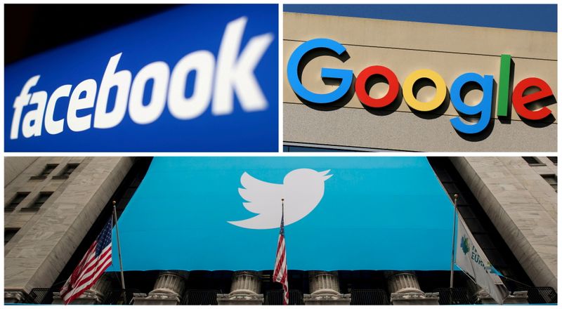© Reuters. Logos dos gigantes da tecnologia Facebook, Google e Twitter. REUTERS/Arquivo