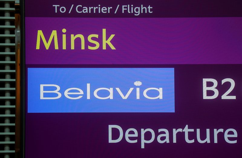 &copy; Reuters. FILE PHOTO: A view shows an information board during a check-in for a flight of Belavia Belarusian Airlines heading to Minsk, the last one before Ukraine stops air travel with Belarus following the arrest of dissident journalist Roman Protasevich, at Bory