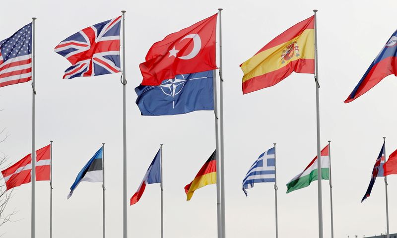 &copy; Reuters. FILE PHOTO: Flags of NATO member countries flutter at alliance headquarters in Brussels, Belgium, February 28, 2020.  REUTERS/Francois Lenoir