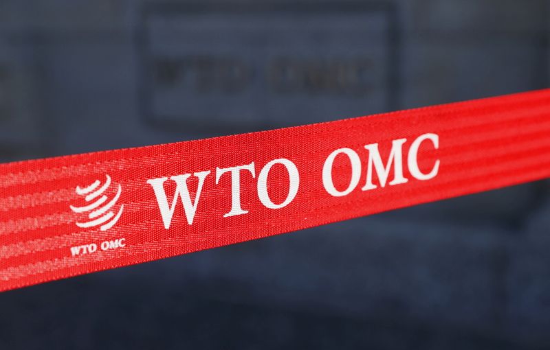 &copy; Reuters. FILE PHOTO: A logo is pictured outside the World Trade Organization (WTO) building in Geneva, Switzerland, April 1, 2021. Picture taken April 1, 2021. REUTERS/Denis Balibouse