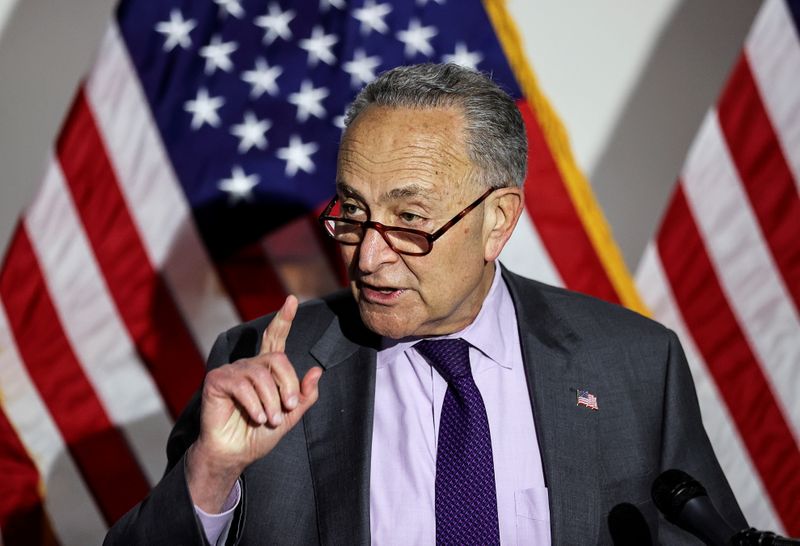 &copy; Reuters. FILE PHOTO: U.S. Senate Majority Leader Chuck Schumer (D-NY) speaks to reporters after the weekly Senate Democratic caucus policy luncheon on Capitol Hill in Washington, U.S., May 11, 2021. REUTERS/Jonathan Ernst/File Photo