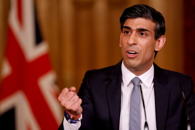 &copy; Reuters. FILE PHOTO: Britain's Chancellor of the Exchequer (finance minister) Rishi Sunak attends a virtual press conference inside 10 Downing Street in central London, Britain March 3, 2021. Tolga Akmen/Pool via REUTERS/File Photo