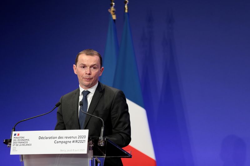 &copy; Reuters. FILE PHOTO: French Junior Minister of Public Action and Accounts Olivier Dussopt attends a news conference for the launching of the 2020 income tax campaign at the Bercy Finance Ministry in Paris, France, April 8, 2021. REUTERS/Sarah Meyssonnier