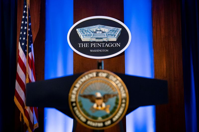&copy; Reuters. FILE PHOTO: The Pentagon logo is seen behind the podium in the briefing room at the Pentagon in Arlington, Virginia, U.S., January 8, 2020. REUTERS/Al Drago