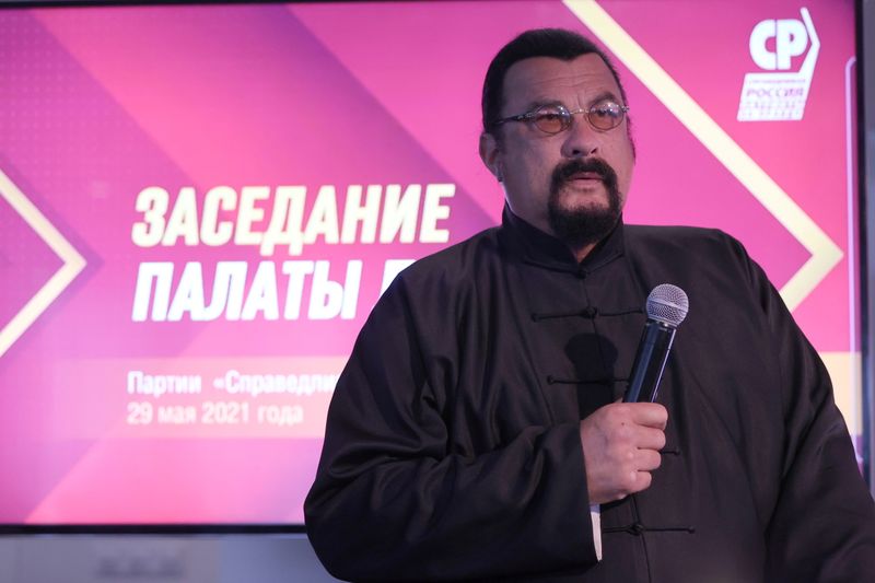 &copy; Reuters. U.S. actor Steven Seagal attends a meeting of the "A Just Russia - For Truth" party in Moscow, Russia May 29, 2021. Picture taken May 29, 2021. Press service of the "A Just Russia - For Truth" party/Handout via REUTERS