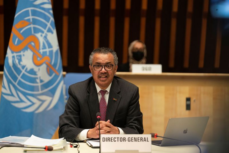&copy; Reuters. FILE PHOTO: World Health Organization (WHO) Director General Tedros Adhanom Ghebreyesus speaks as he attends the World Health Assembly (WHA) amid the coronavirus disease (COVID-19) pandemic in Geneva, Switzerland, May 24, 2021. Christopher Black/World Hea