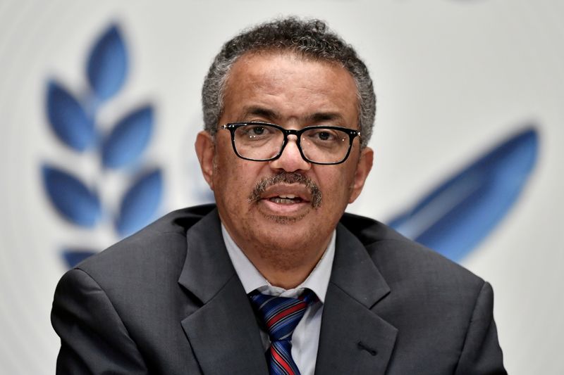 &copy; Reuters. FILE PHOTO: World Health Organization (WHO) Director-General Tedros Adhanom Ghebreyesus attends a news conference organized by Geneva Association of United Nations Correspondents (ACANU) amid the COVID-19 outbreak, caused by the novel coronavirus, at the 
