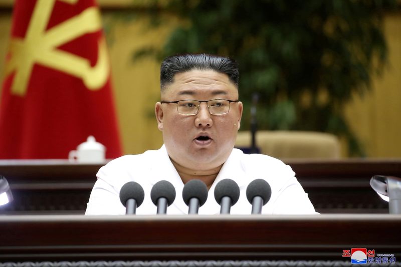 &copy; Reuters. FILE PHOTO: North Korean leader Kim Jong Un speaks during a conference of cell secretaries of the ruling Workers' Party in Pyongyang, in this undated photo released on April 9, 2021 by North Korea's Korean Central News Agency (KCNA). KCNA/via REUTERS.