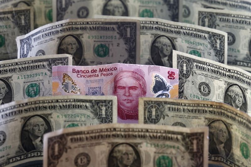 &copy; Reuters. A picture illustration shows Mexican pesos and U.S. dollars banknotes in Mexico City July 6, 2015. Latin American currencies weakened on Monday after Greece overwhelmingly rejected a bailout offer from creditors, though moves were muted as investors bet t