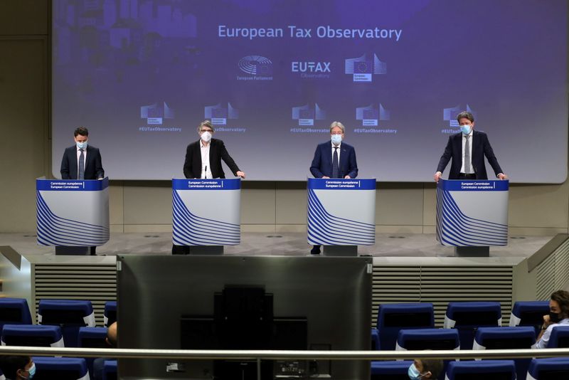 &copy; Reuters. French economist Gabriel Zucman, German European MP Sven Giegold, EU Commissioner for Economy Paolo Gentiloni and Dutch European MP Paul Tang give a news conference on the launch of the European Tax Observatory, in Brussels, Belgium June 1, 2021.  Francoi