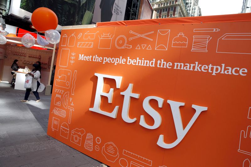 &copy; Reuters. FILE PHOTO: A sign advertising the online seller Etsy Inc. is seen outside the Nasdaq market site in Times Square following Etsy's initial public offering (IPO) on the Nasdaq in New York April 16, 2015.   REUTERS/Mike Segar/File Photo         