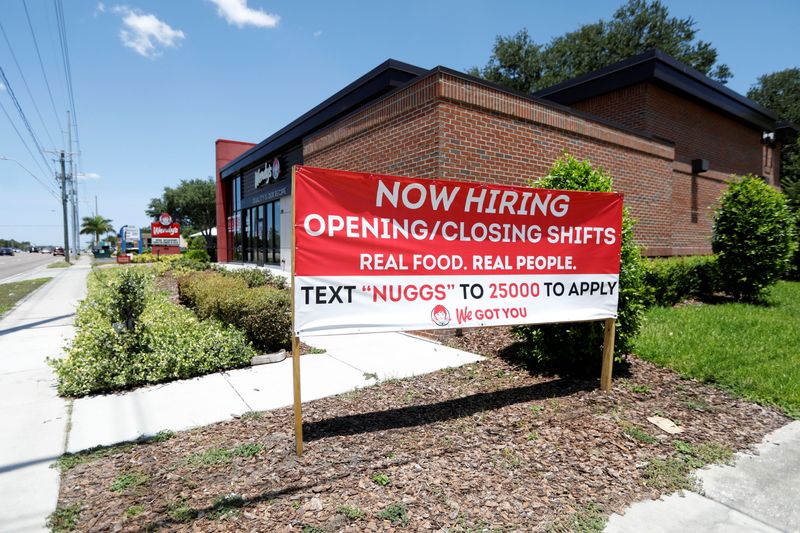 &copy; Reuters. A Wendy's restaurant displays a "Now Hiring" sign in Tampa, Florida, U.S., June 1, 2021.  REUTERS/Octavio Jones