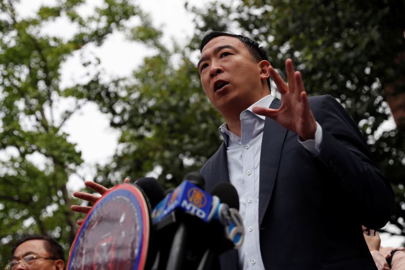 &copy; Reuters. FILE PHOTO: Andrew Yang, Democratic candidate for mayor of New York City, speaks during a rally against Asian hate crimes following the May 31, 2021 unprovoked attack on a 55 year old Asian woman, in Manhattan's Chinatown district of New York City, U.S., 