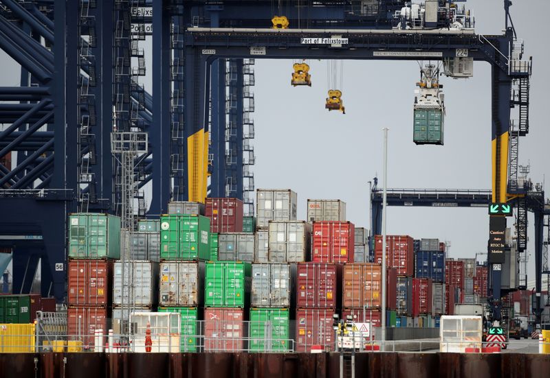 &copy; Reuters. FILE PHOTO: Containers are stacked at the Port of Felixstowe, Britain, January 28, 2021.  REUTERS/Peter Cziborra/File Photo