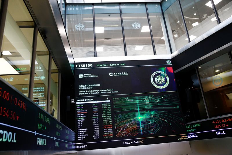 &copy; Reuters. FILE PHOTO: A trading screen is seen following the opening of the markets by British Chancellor of the Exchequer Philip Hammond and Chinese Vice-Premier Hu Chunhua at  the London Stock Exchange in London, Britain June 17, 2019. REUTERS/Henry Nicholls/Pool