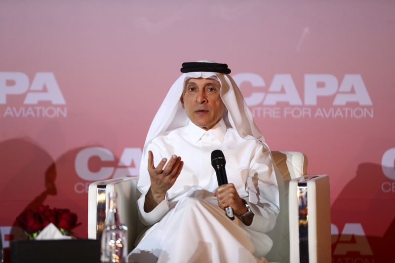 &copy; Reuters. FILE PHOTO: Qatar Airway's Chief Executive Officer, Akbar Al Baker speaks at the opening session of a CAPA aviation summit, in Doha, Qatar February 5, 2020. REUTERS/Ibraheem al Omari
