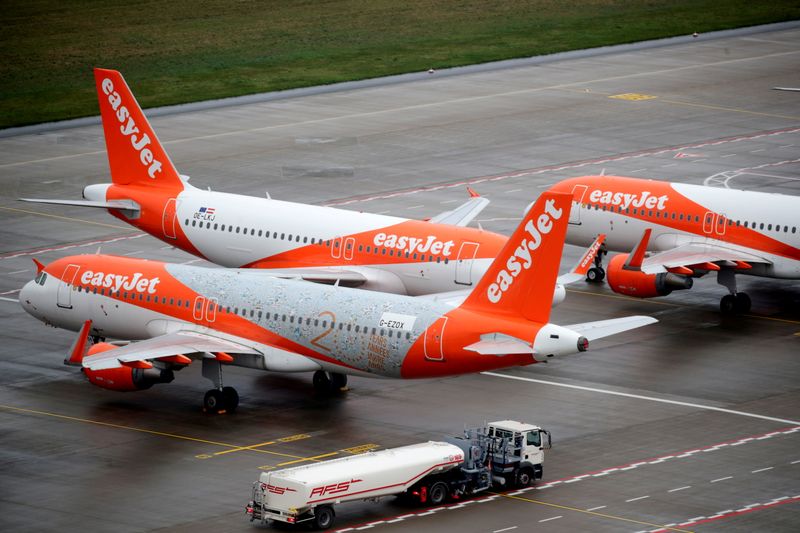 &copy; Reuters. FILE PHOTO: EasyJet airplanes are parked on the tarmac during the official opening of the new Berlin-Brandenburg Airport (BER) "Willy Brandt", in Schoenefeld near Berlin, Germany October 31, 2020. REUTERS/Hannibal Hanschke/Pool/File Photo