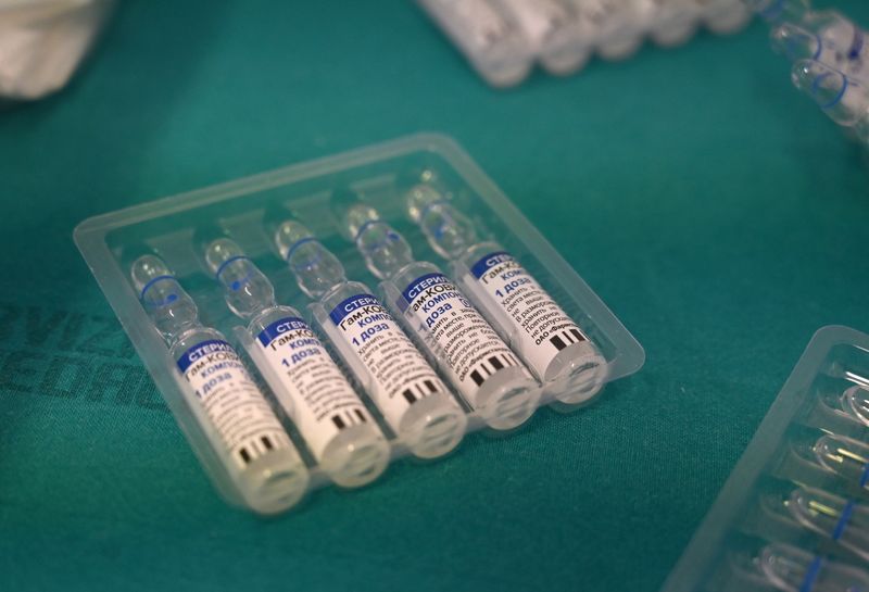 &copy; Reuters. Vials of Russia's Sputnik V vaccine against coronavirus disease (COVID-19) are pictured at the Ospedale di Stato, as the Republic of San Marino starts a campaign inviting tourists to get vaccinated, June 1, 2021. Picture taken June 1, 2021. REUTERS/Albert