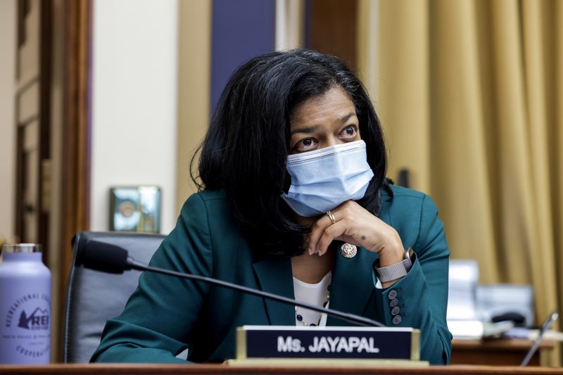 &copy; Reuters. FILE PHOTO: Congresswoman Pramila Jayapal, (D-WA), looks on during a hearing of the House Judiciary Subcommittee on Antitrust, Commercial and Administrative Law on "Online Platforms and Market Power", in the Rayburn House office Building on Capitol Hill, 