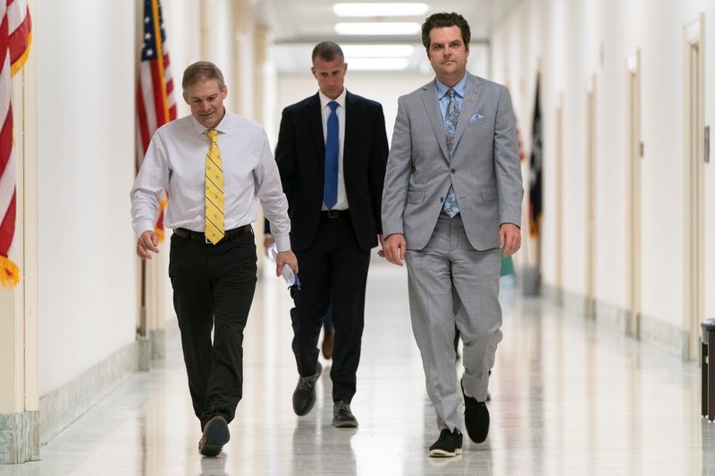 &copy; Reuters. U.S. Reps. Jim Jordan (R-OH) and Matt Gaetz (R-FL) walk while former White House counsel Don McGahn appears before the House Judiciary Committee on Capitol Hill in Washington, U.S., June 4, 2021. REUTERS/Joshua Roberts