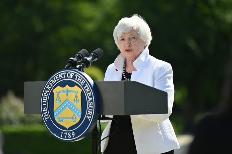 &copy; Reuters. FILE PHOTO: U.S. Treasury Secretary Janet Yellen speaks during a news conference, after attending the G7 finance ministers meeting, at Winfield House in London, Britain June 5, 2021. Justin Tallis/Pool via REUTERS