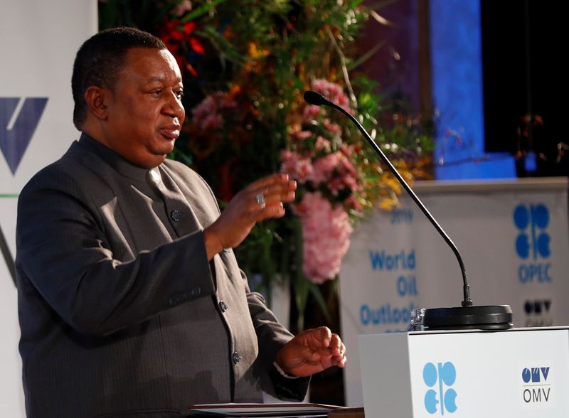 &copy; Reuters. OPEC Secretary General Mohammad Barkindo delivers his speech during the presentation of the World Oil Outlook in Vienna, Austria November 5, 2019.  REUTERS/Leonhard Foeger