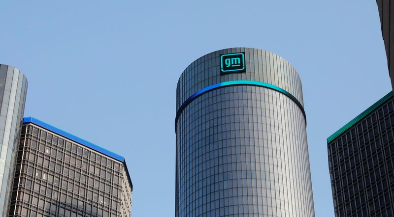 &copy; Reuters. FILE PHOTO: The new GM logo is seen on the facade of the General Motors headquarters in Detroit, Michigan, U.S., March 16, 2021.   REUTERS/Rebecca Cook