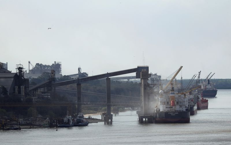 &copy; Reuters. Navios carregados com grãos no porto de Rosario, Argentina 
28/08/2020
REUTERS/Agustin Marcarian