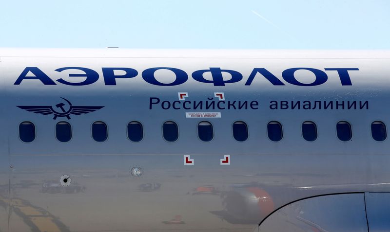 &copy; Reuters. FILE PHOTO: The logo of Russia's flagship airline Aeroflot is seen on an Airbus A320 which landed after an inaugural trip at the Marseille-Provence airport in Marignane, France, June 1, 2019.  REUTERS/Jean-Paul Pelissier/File Photo